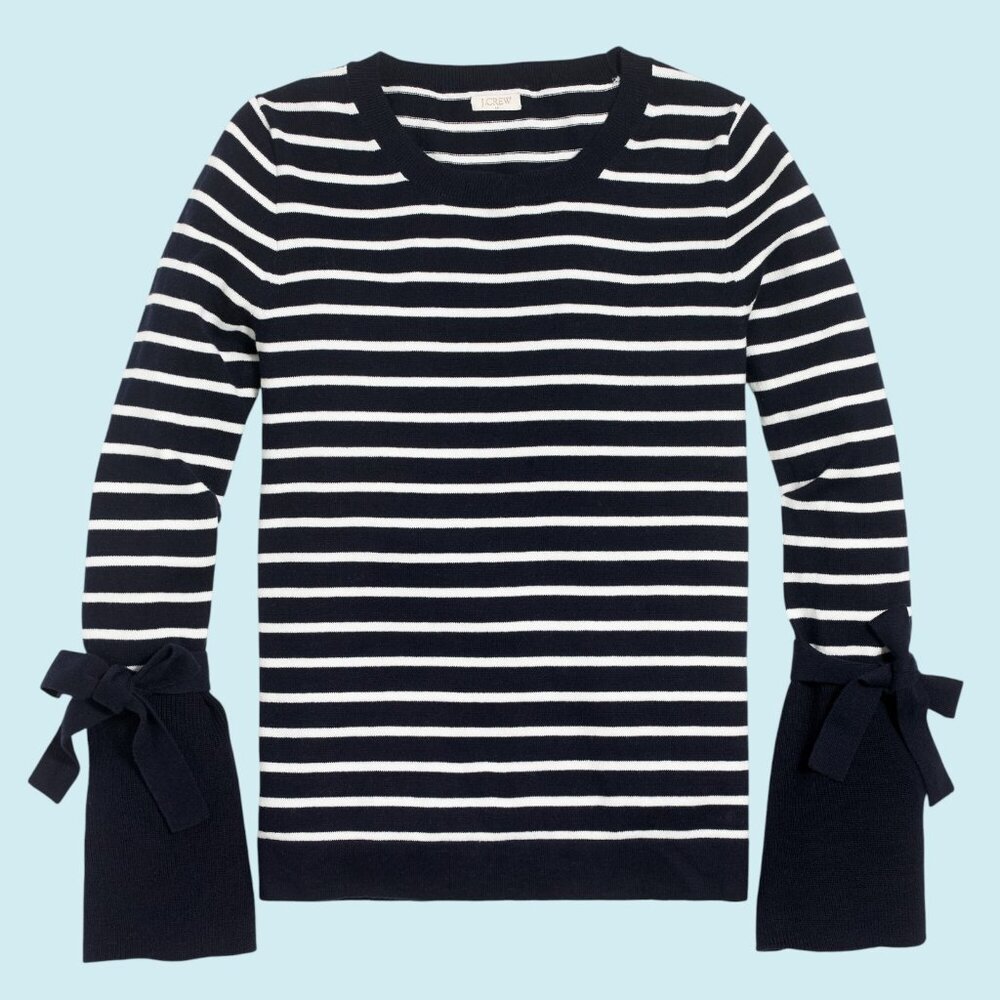 J.Crew Sweater Women's Small Navy White Cotton Striped Bow Tie Bell Sleeves